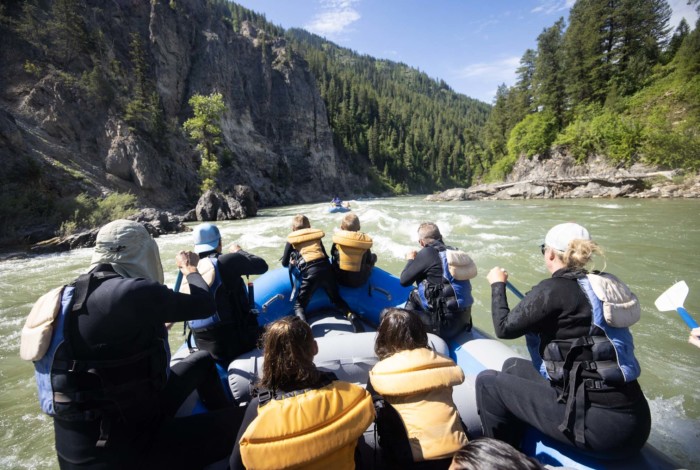 A Dave Hansen Whitewater raft full of guests paddle towards a whitewater rapid on the Snake River.